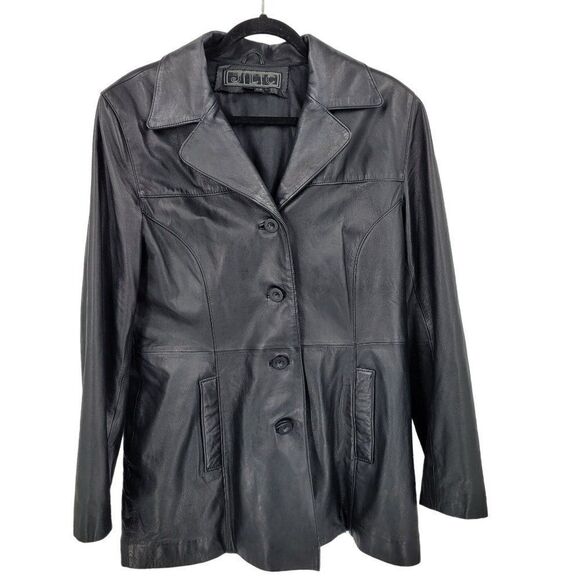 Vintage 80s Leather Jacket L Black Blazer Single Breasted Button Down Sleek - Picture 1 of 13